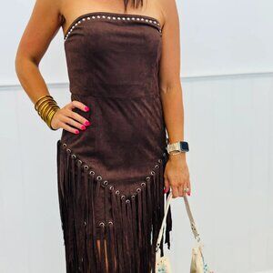 Chocolate Brown Studded Suede Fringe Mini Dress